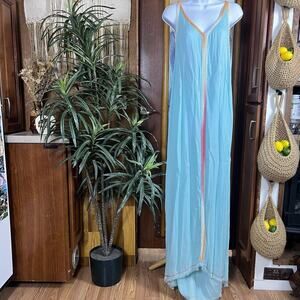 Z&L Boho Resort Maxi Dress L Aqua Viscose Gauze Cover Up Tassel Beach Kaftan NWT